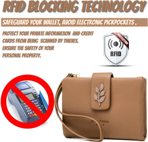 Vista 2 de Cartera pequeña y compacta de piel sintética para mujer, con bloqueo Rfid, con bolsillo, con correa para muñeca, color negro, Café