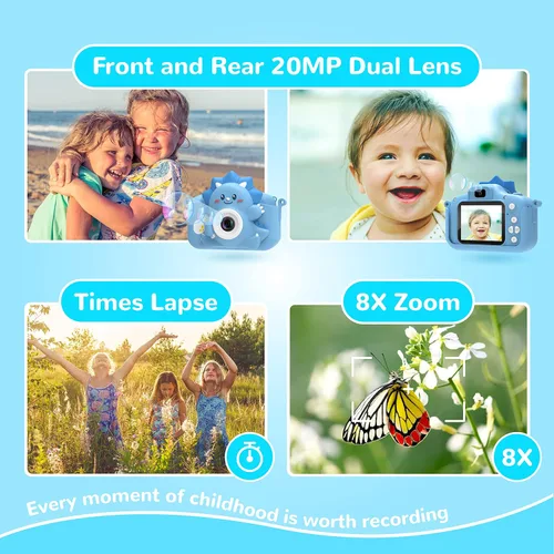 Vista 3 de Cámara para niños para niñas y niños, cámara digital HiMont para niños con tarjeta TF de 32 GB, cámara para niños de 1080P y cámara de video selfie
