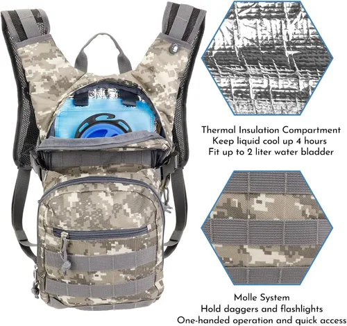 Vista 3 de Mochila táctica de hidratación de 2 litros, bolsa de agua ligera y duradera para senderismo, correr, aventuras al aire libre, correas ajustables