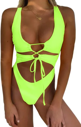 Vista 14 de Traje de baño sexy de una pieza con recortes, encaje, espalda descubierta y corte alto monokini para mujer Azul bebé