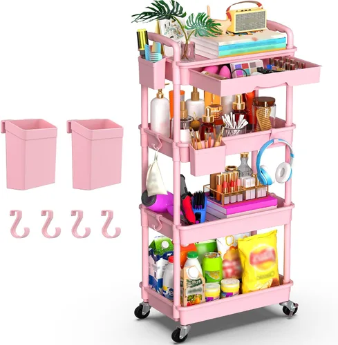 Vista 20 de Goovilla Organizador de carrito utilitario de 3 niveles con cajón extraíble, carritos de almacenamiento rodantes negros estables y resistentes con 2