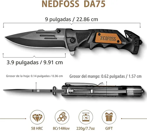 Vista 5 de NedFoss - Cuchillo plegable de bolsillo DA75, cuchillo de bolsillo 3 en 1 para hombres, cuchillo de supervivencia con cierre de forro de cinturón
