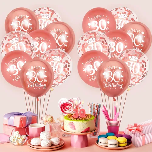 Vista 2 de Globos de látex de cumpleaños número 30, 15 globos de oro rosa con el texto en inglés "Happy 30th Birthday", globos de decoración de fiesta