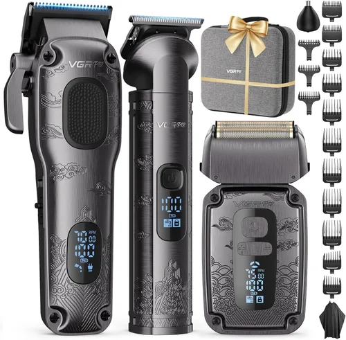 Vista 9 de Vgrpro - Juego de cortapelos y recortadores para hombres profesionales, afeitadora eléctrica impermeable de lámina para barba facial, inalámbrica