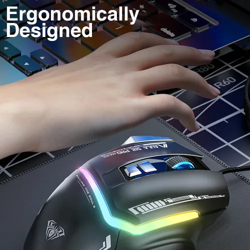 Vista 6 de AULA S12Pro - Mouse para juegos con cable blanco, 12800 DPI óptico gamer con retroiluminación RGB, 8 botones programables, software compatible