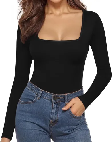 Vista 2 de MANGOPOP Body de manga larga con cuello cuadrado para mujer