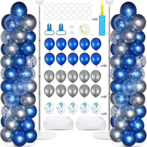 Vista 15 de Juego de 2 soportes de columna de globos plateados y blancos con 100 globos plateados con base para globos de confeti de suelo, kit de columna