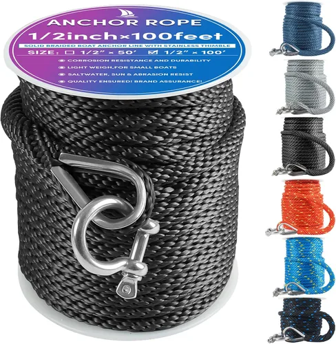 Vista 34 de Cuerda de anclaje premium de 50 pies x 1/2 pulgadas, línea de anclaje trenzada sólida MFP para barco con dedal y grillete - Negro