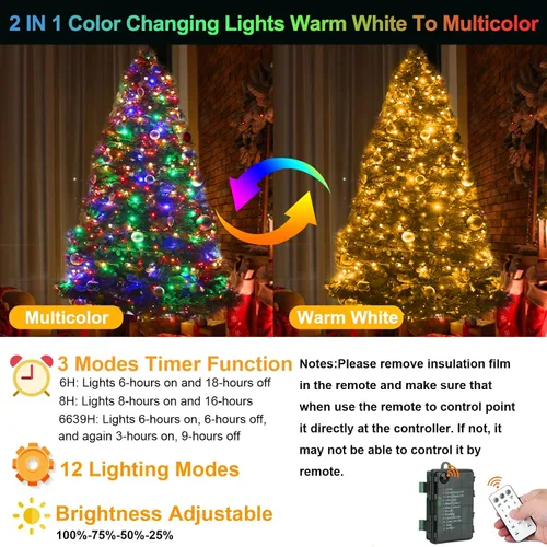 Vista 3 de 100 luces LED de color blanco cálido a multicolor de 33 pies, funciona con pilas, 8 modos, tira de luces para interiores y exteriores, para árbol