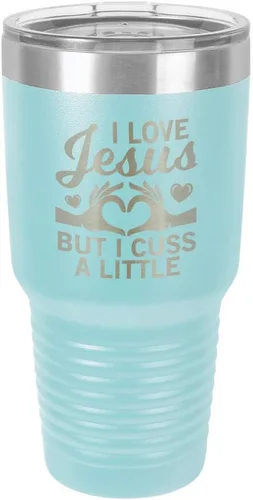 Vista 23 de Taza de viaje con texto en inglés "I Love Jessus I CUSS A LITTLE Engraved Tumbler", de acero con recubrimiento de polvo grabado con láser, sin BPA