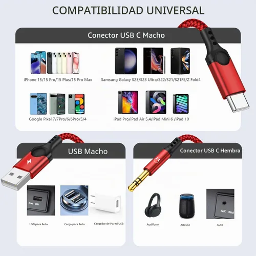 Vista 4 de Cable auxiliar USB C a 0.1 in con cargador, 2 en 1 USB C a 0.1 in Cable auxiliar estéreo para automóvil con carga PD de 18 W compatible con iPhone