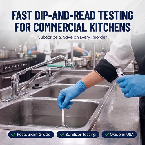 Vista 8 de Tiras de prueba de cloro para restaurantes y servicios de alimentos, 1 frasco de 100 tiras de prueba de desinfectante para cocinas, kit de prueba