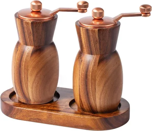 Vista 10 de Molinillo de pimienta, molinillo de sal y pimienta con soporte, salero y pimentero de madera, molinillo de especias manual recargable