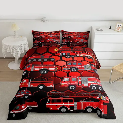Vista 3 de Erosebridal Juego de edredón de camión de bomberos para niños, juego de ropa de cama de panal rojo brillante con diseño de panal de abeja