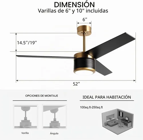 Vista 5 de reiga Ventilador de techo moderno de 52 pulgadas con luz, 3 aspas, motor CC negro y dorado, ventiladores de techo de madera, compatible con control