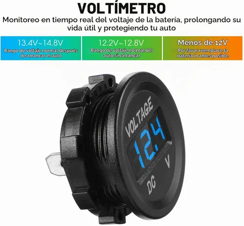 Vista 4 de Frienda Medidor de voltaje de automóvil de 12 V CC, pantalla LED, voltímetro digital de panel redondo, voltímetro compatible con vehículos Azul