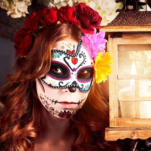Vista 3 de Leyndo 4 piezas Día de los Muertos Azúcar Medio Calavera Máscara de Ojos Máscara Mexicana Mascarada Máscaras Halloween Cosplay Fancy Dress