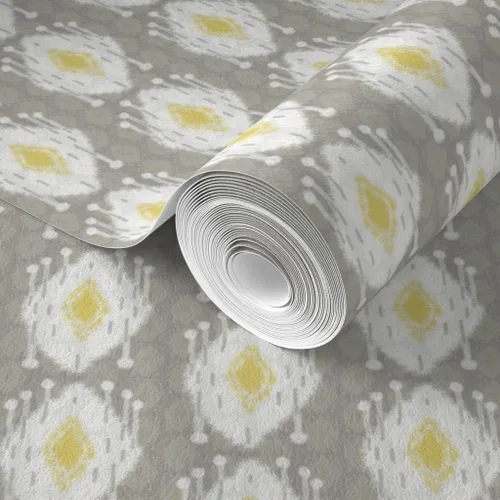 Vista 2 de Papel tapiz de grado comercial - Sueño de madera flotante gris tribal escandanavo bloque estampado Ikat enrejado gris mediados de siglo moderno