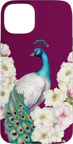 Vista 9 de iPhone 16 Peacock Bird with Long Feathers Watercolor Flowers Case