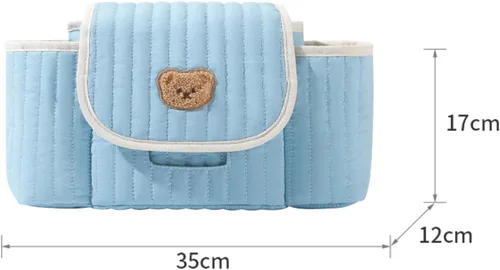 Vista 3 de Teddy Bear - Organizador acolchado para cochecito de bebé, con soporte para botellas y compartimentos de almacenamiento (azul)