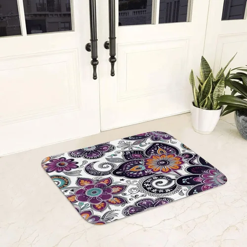 Vista 8 de LB Alfombra de baño de flores bohemias, alfombra de baño antideslizante con estampado floral bohemio morado y negro, espuma viscoelástica suave