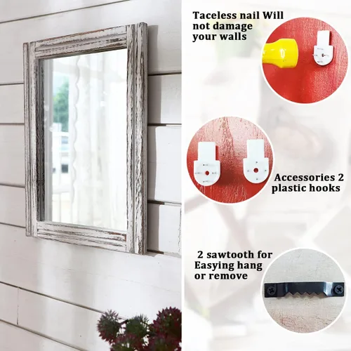 Vista 3 de AAZZKANG Espejo de pared rústico con marco de madera rectangular para colgar en casa de campo o baño, sala de estar o dormitorio decoración