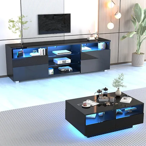 Vista 4 de St.Mandyu Soporte de TV LED para TV de 75/80 pulgadas, Mesa de Televisión Moderna Centro de Consola de Medios con Cajón y Luces LED, Centro