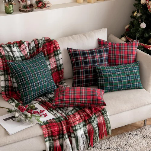 Vista 6 de EMEMA - Juego de 2 fundas para cojines decorativas de tartán rojo navideño escocés, para sofá, 16 x 16 pulgadas, estilo rústico de casa de campo