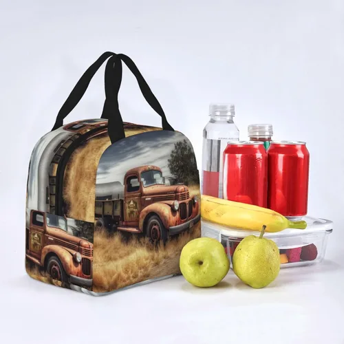 Vista 8 de Viejo camión coche impresión bolsa de almuerzo portátil aislado reutilizable bolsa de almuerzo caja de almuerzo para el trabajo camping viaje picnic