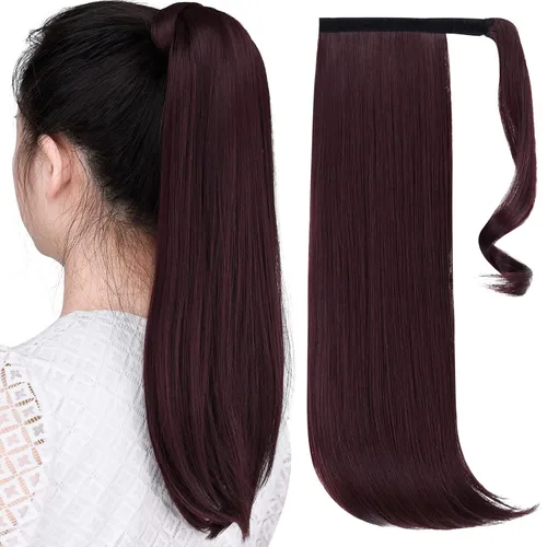 Vista 29 de Extensiones de cola de caballo, extensión de cola de caballo negra de 16 pulgadas, corta, ondulada, rizada, envolvente, resistente al calor