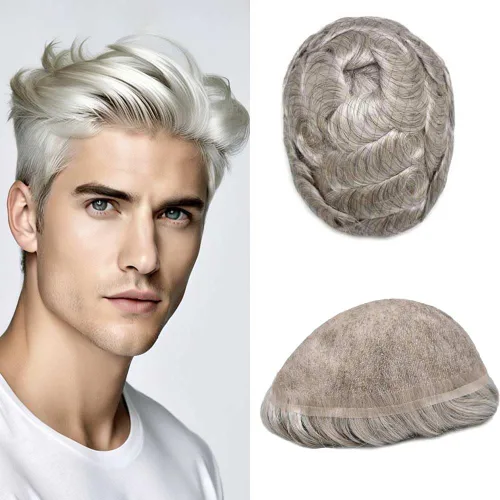Vista 36 de Peluca de cabello humano con encaje completo, línea capilar real, para hombre, peluca de cabello con nudo blanqueado, pieza de pelo para hombres
