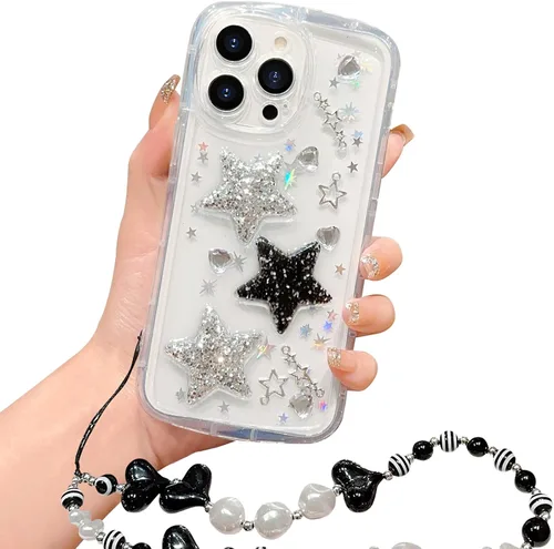 Vista 18 de Compatible con iPhone 11 Pro Funda Transparente Bonita con Diseño de Estrella con Purpurina en 3D con Perlas y Pulsera de Perlas, Diseño de Cadena