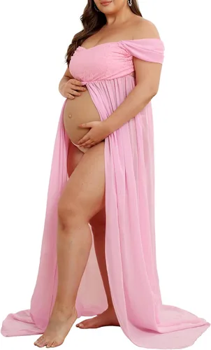Vista 2 de Vestido de maternidad para sesión de fotos con hombros descubiertos, vestido de gasa con abertura frontal, maxi vestidos de embarazo para fotografía