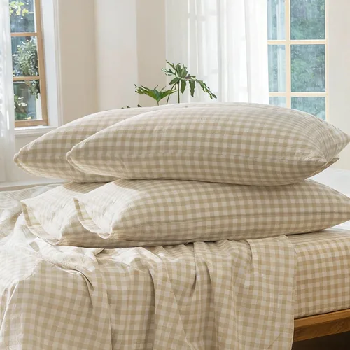 Vista 43 de MooMee Juego de 2 fundas de almohada de cuadros 100% algodón lavado con textura parecida al lino, transpirable, duradera, suave y cómoda