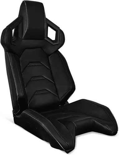 Vista 8 de IKON MOTORSPORTS, par de asientos universales para carreras con deslizadores dobles, piel de PU de fibra de carbono, color rojo con rayas