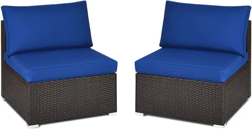 Vista 9 de Tangkula Juego de 2 sofás de mimbre para exteriores, sin brazos, juego de sofá modular de ratán para patio con 2 cojines de asiento gruesos y 2