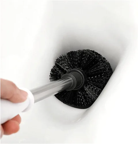 Vista 4 de Escobilla de inodoro de acero inoxidable para el hogar, cepillo de silicona de mango largo, cepillo de limpieza de baño con soporte (blanco gris)