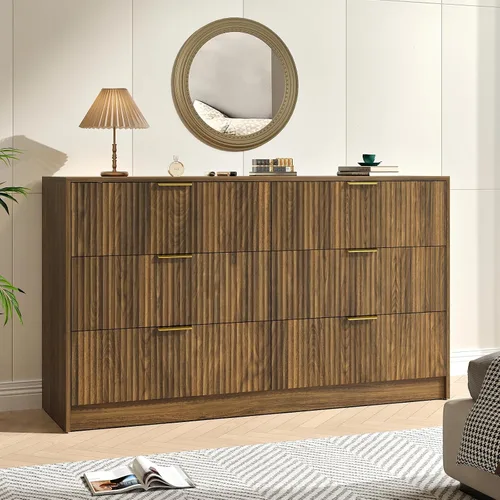 Vista 19 de Cómoda negra con 6 cajones profundos, cómoda acanalada de 55" de ancho para dormitorio con tirador dorado, cómoda moderna para armario, dormitorio