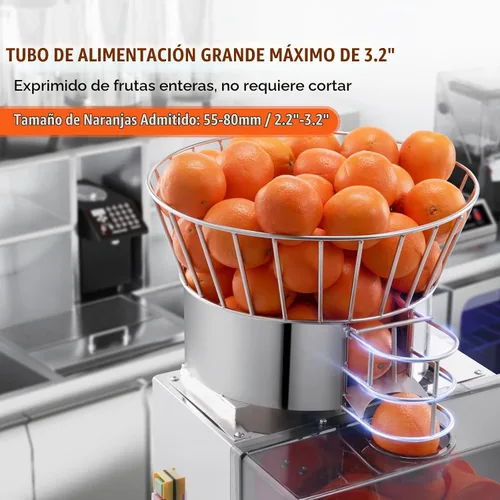 Vista 3 de VEVOR Máquina Exprimidora de Naranja Comercial, Extractor de Jugo de Alimentación Automática de 120W, Extractor de Jugo de Acero Inoxidable para 25