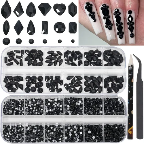 Vista 21 de Diamantes de imitación para uñas, tamaño 3D multiforma, gemas y dijes de cristal AB para uñas, parte trasera plana, con kit para arte de uñas