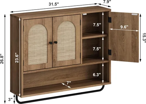 Vista 2 de RUSTOWN Gabinete de pared del cuarto de baño de la rota, boho, boho, con 3 Roble natural