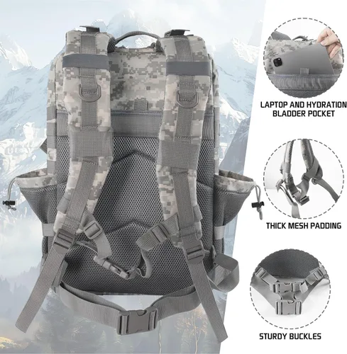 Vista 6 de Mochila táctica militar de camuflaje gris de 45 L, paquete de asalto Molle de 3 días, mochila grande para hombres, senderismo al aire libre