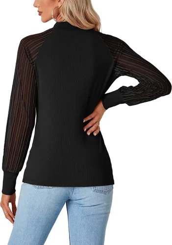 Vista 2 de LYANER Blusa elegante de punto con cuello redondo para mujer, blusa de manga larga con encaje