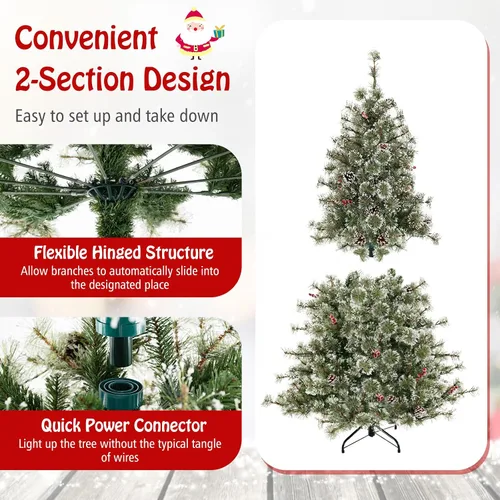 Vista 5 de Goplus Árbol de Navidad artificial preiluminado de 6 pies, árbol de Navidad con bisagras con conector de alimentación rápida de 360°, 350 luces LED