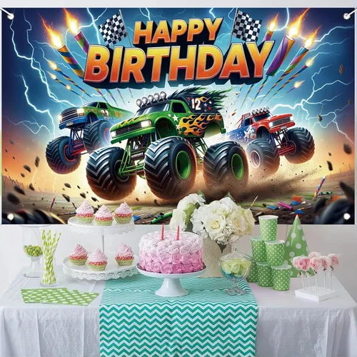 Vista 5 de Fondo de cumpleaños de Monster Truck, 70.8 x 43.3 pulgadas, poliéster, multicolor, cumpleaños, incluye telón de fondo con temática de camión