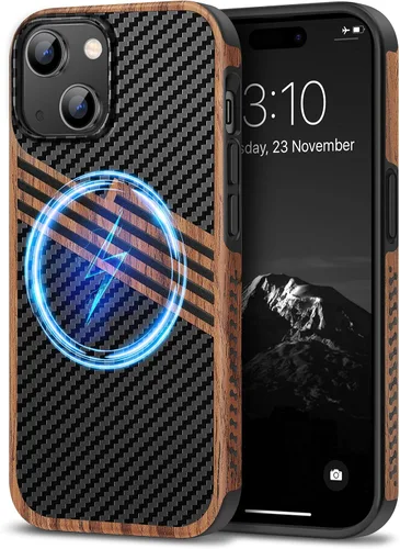 Vista 11 de TENDLIN Compatible con Funda para iPhone 15, Funda de Madera con Textura de Fibra de Carbono, Diseño Híbrido de Cuero Delgado (Negro)