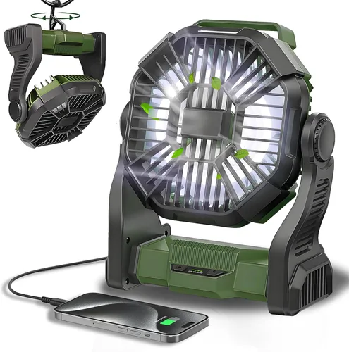 Vista 8 de Ventilador portátil recargable de 25400 mAh, ventilador alimentado por batería sin cable con linterna LED, USB C, operado por batería para viajes