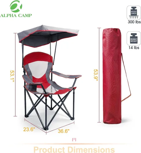 Vista 2 de ALPHA CAMP Silla de campamento con toldo de sombra, silla de campamento plegable con portavasos y bolsa de transporte para acampar al aire libre
