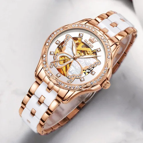 Vista 4 de OLEVS Relojes de oro rosa para mujer correa de acero inoxidable de cerámica reloj mecánico automático calendario de puntero luminoso impermeable