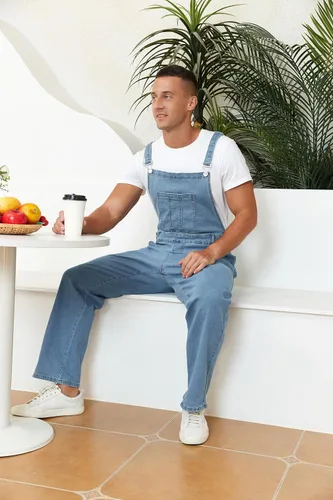 Vista 27 de Overol de mezclilla para hombre, ajustado, elástico, a la moda, con bolsillos
